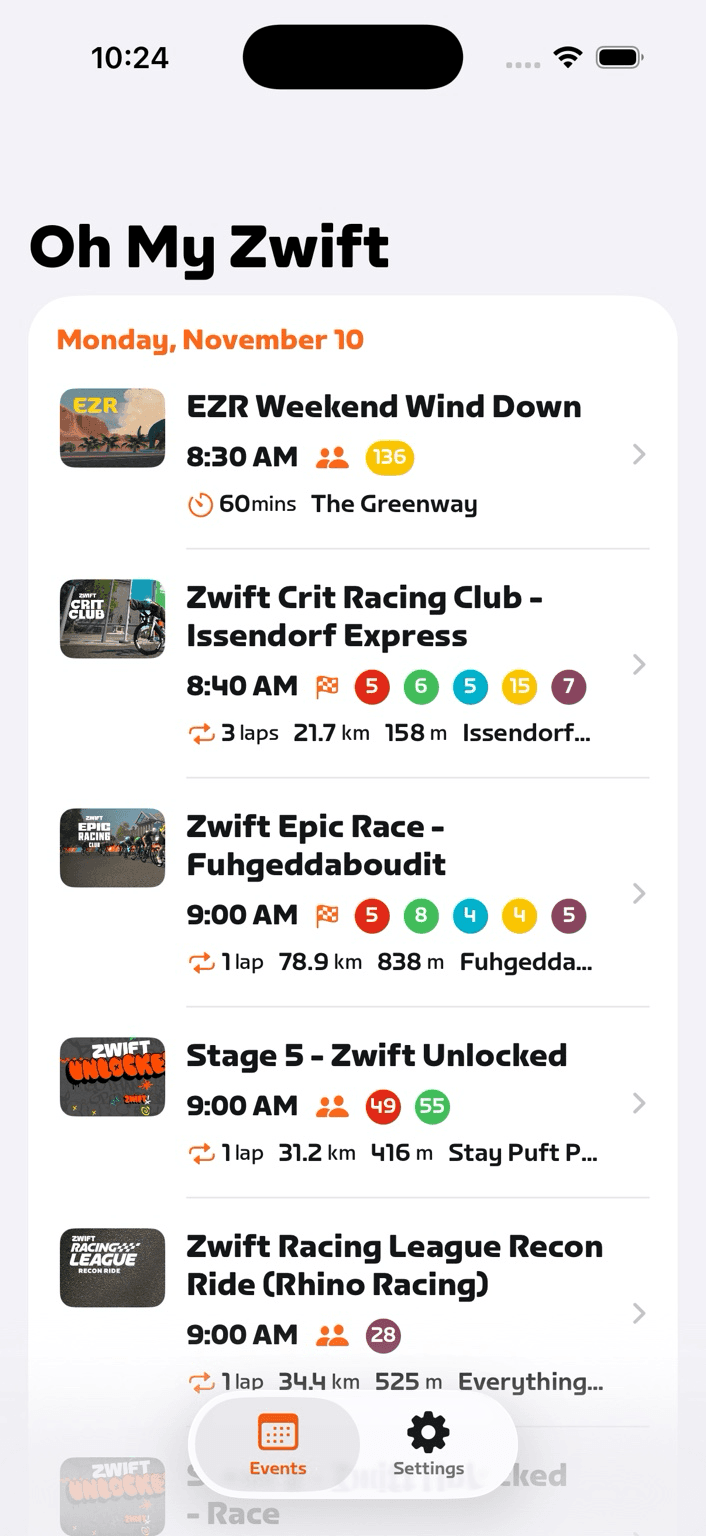 Oh My Zwift app showing event list with competitor insights