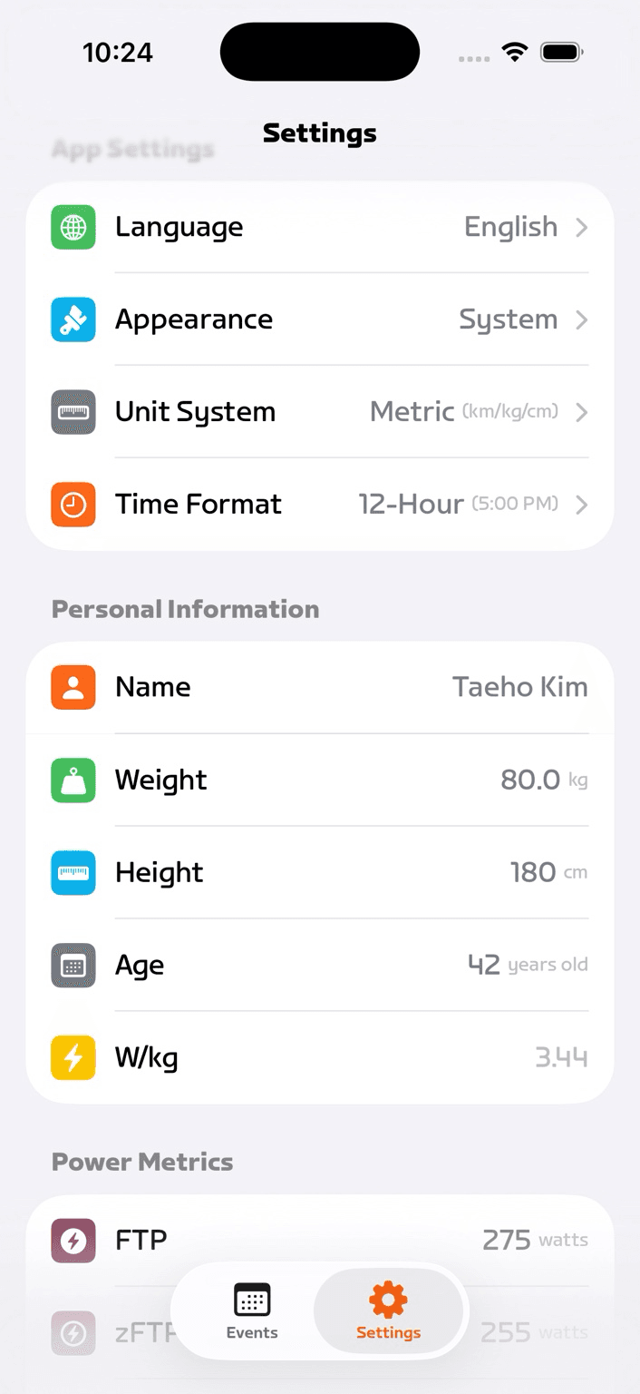 Oh My Zwift app showing personalized settings with profile information and app preferences