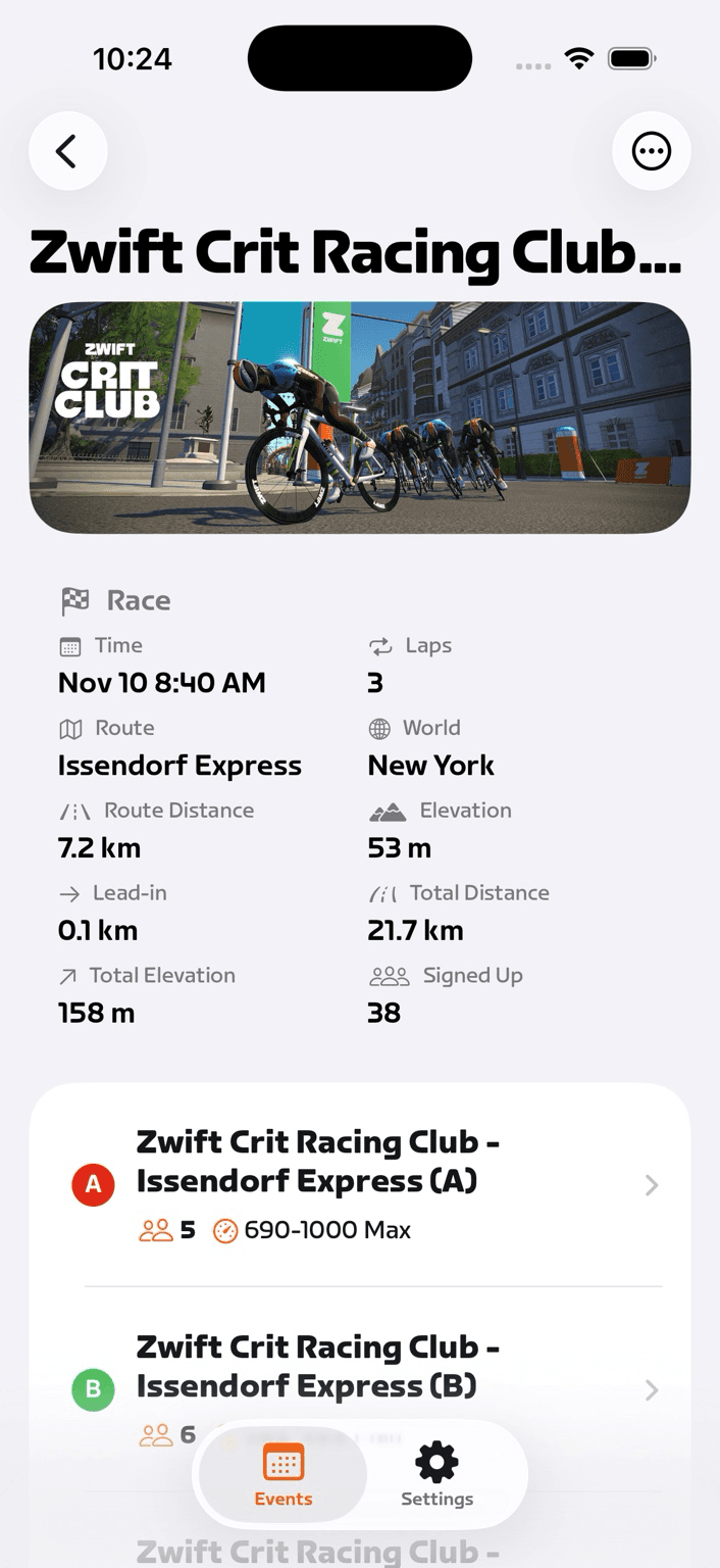 Oh My Zwift app showing race category matching with power ranges