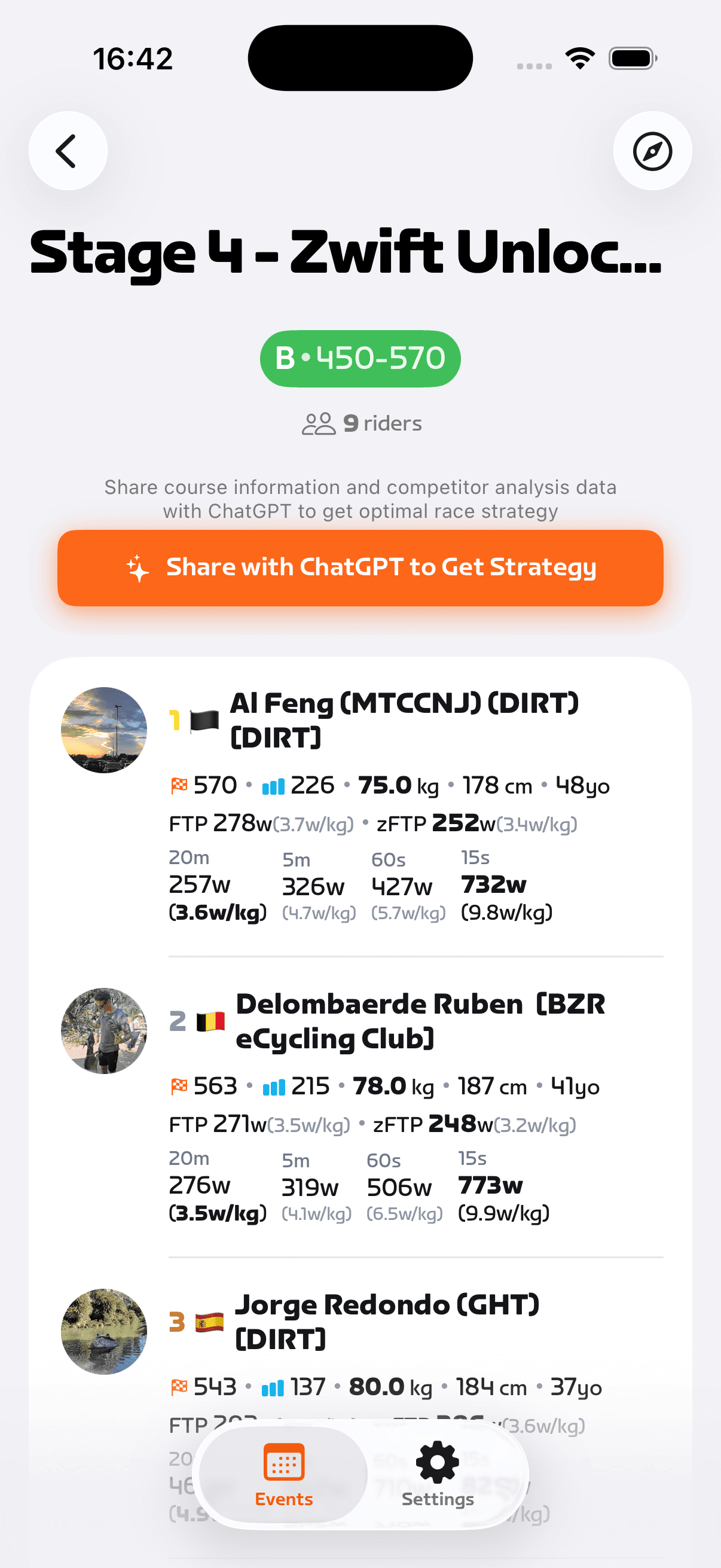 Oh My Zwift app showing detailed power metrics comparison with ChatGPT integration